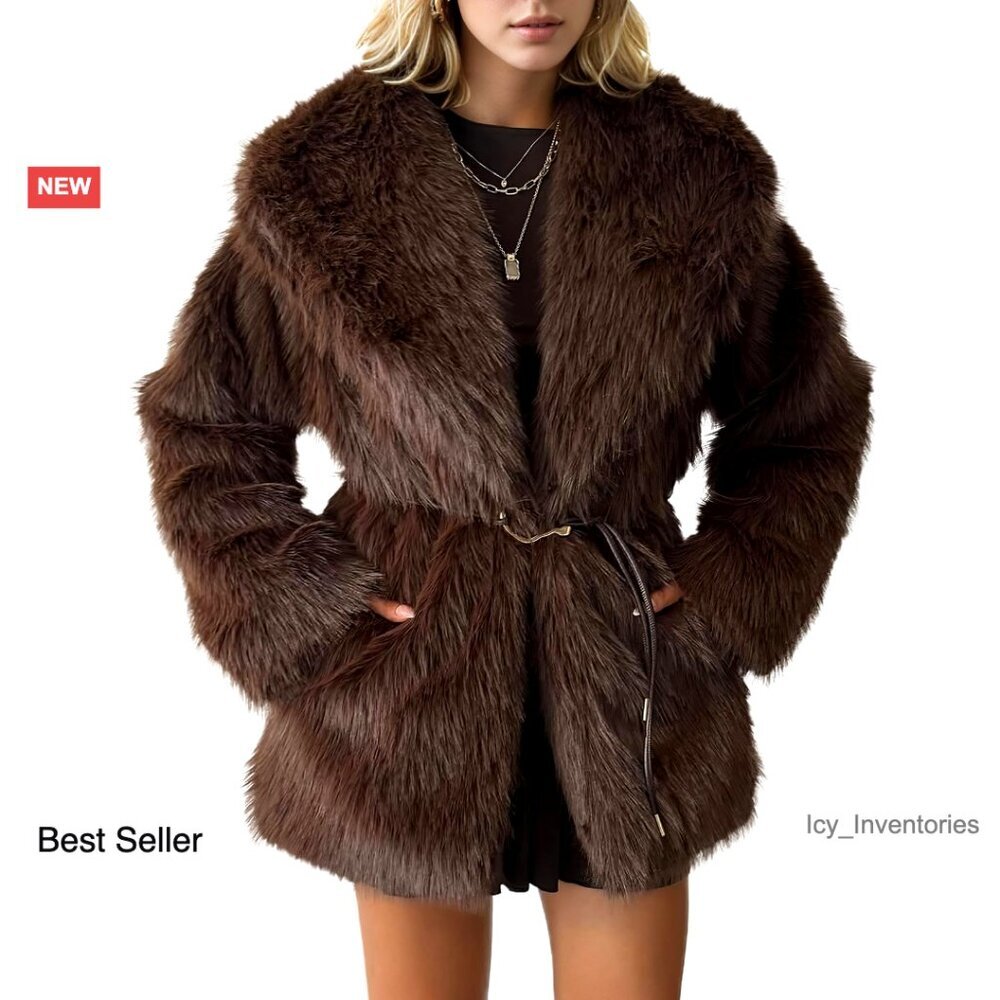 Mid-Length Faux Fur Coat Winter Warm Fuzzy Jacket Luxury Fluffy Shaggy Parka